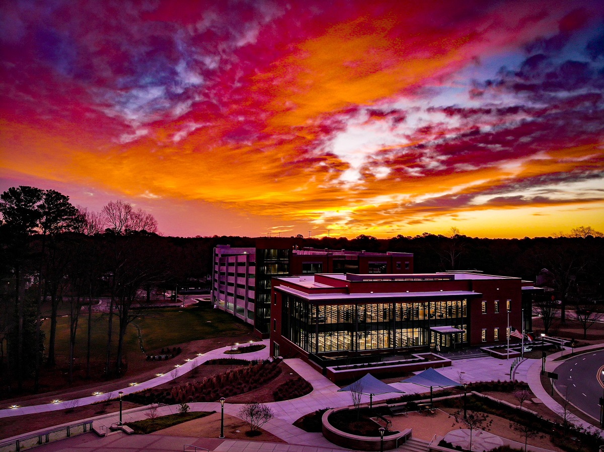 Aerial of Town Hall at Sunset