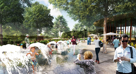 artist's rendering of citizens using the splash feature at the downtown park