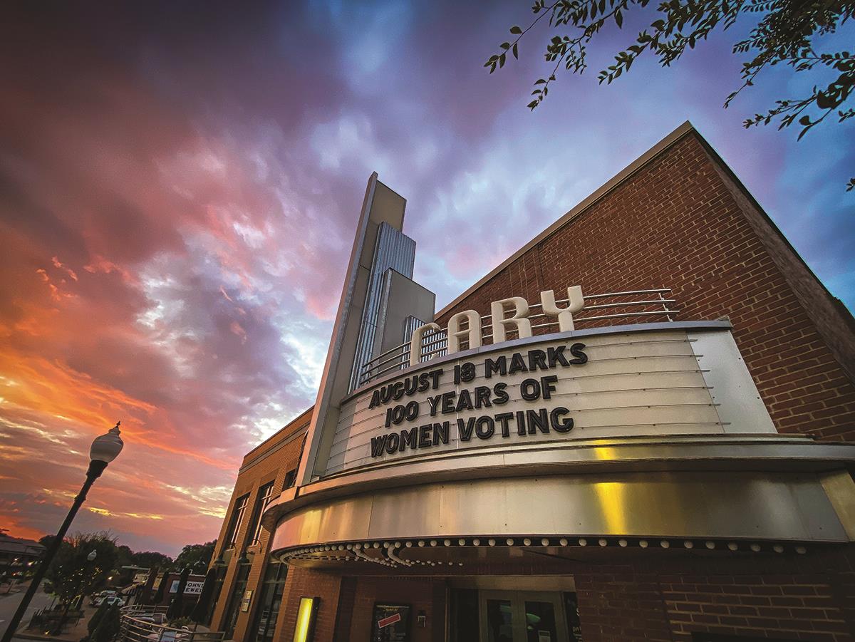 The Cary Theater with August 10th marks 100 years of women voting on marquee