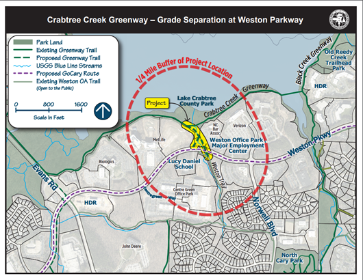 Map of Crabtree Creek Greenway grade separation at Weston