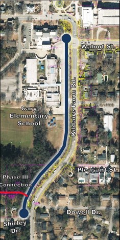 A map highlighting the location of Higgins Greenway in Cary