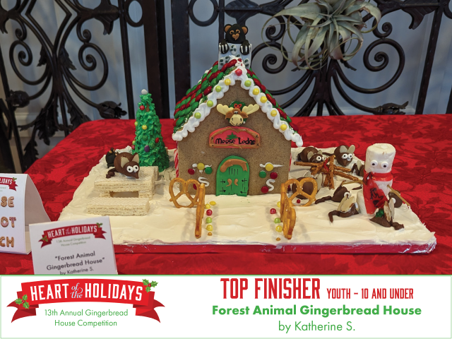 Top finisher in the youth 10 and under category. Forest Animal Gingerbread House by Katherine has a classic gingerbread house decorated in red and green surrounded by animals including a bear in the chimney.