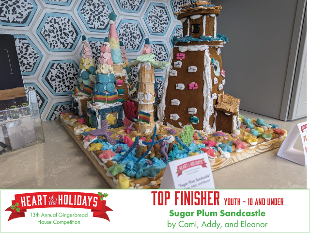 Top finisher in the youth 10 and under category. Sugar Plum Sandcastle by Cami, Addy, and Eleanor has a gingerbread lighthouse surrounded by a palm tree, sand, and molded shells and mermaid tails.