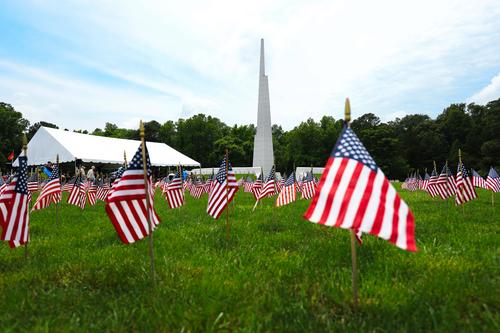 Small American flags on the ground - Freedom Tower and Veterans Freedom Park in the background