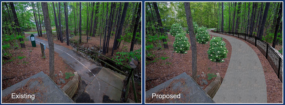 a side-by-side comparison of before and proposed after greenway resurfacing