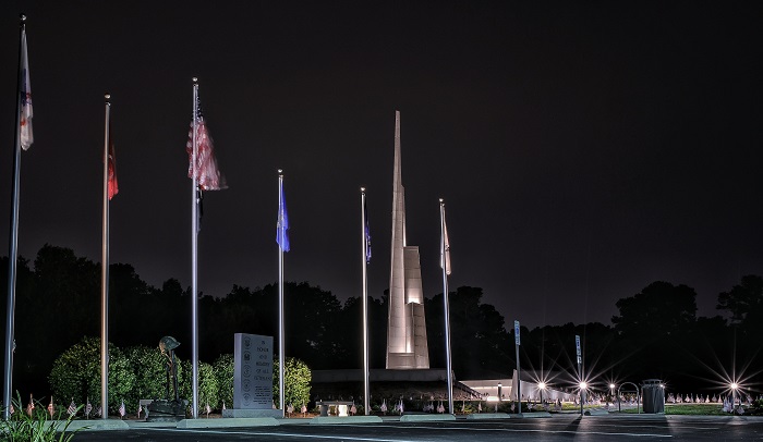 Flags at Night at Veteran's Memorial Park